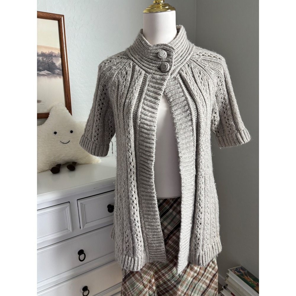 Chunky Cable Knit Cardigan Chicos Wool Mohair Short Sleeve Sweater Beige Size 0